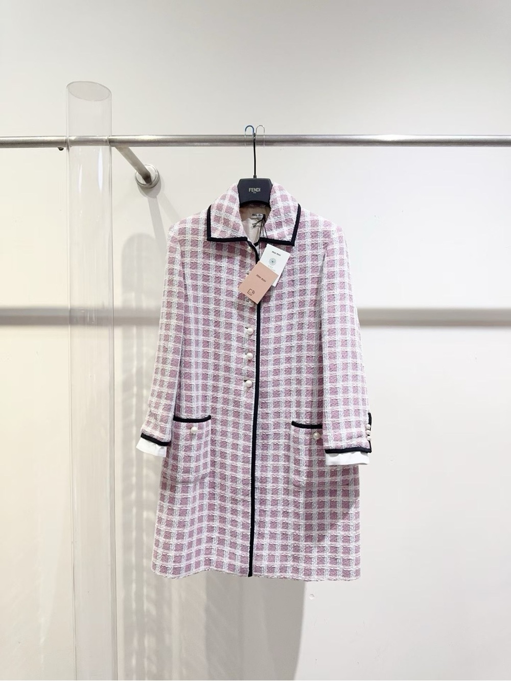 Miu Miu Pink and White Checked Tweed Coat with Black Trim